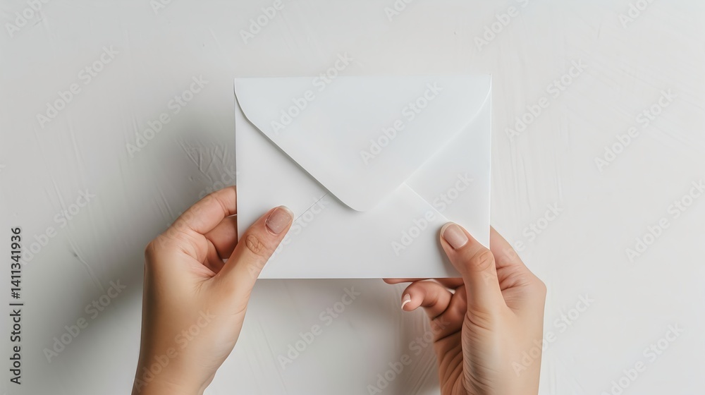 Fototapeta premium Hands holding white envelope on minimal clean background