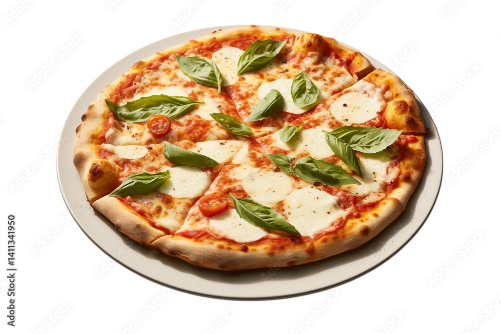 A margarita pizza with basil and tomatoes on a plate, cut into slices and ready to be served png A margarita pizza with basil and tomatoes on a plate, cut into slices and ready to be served png