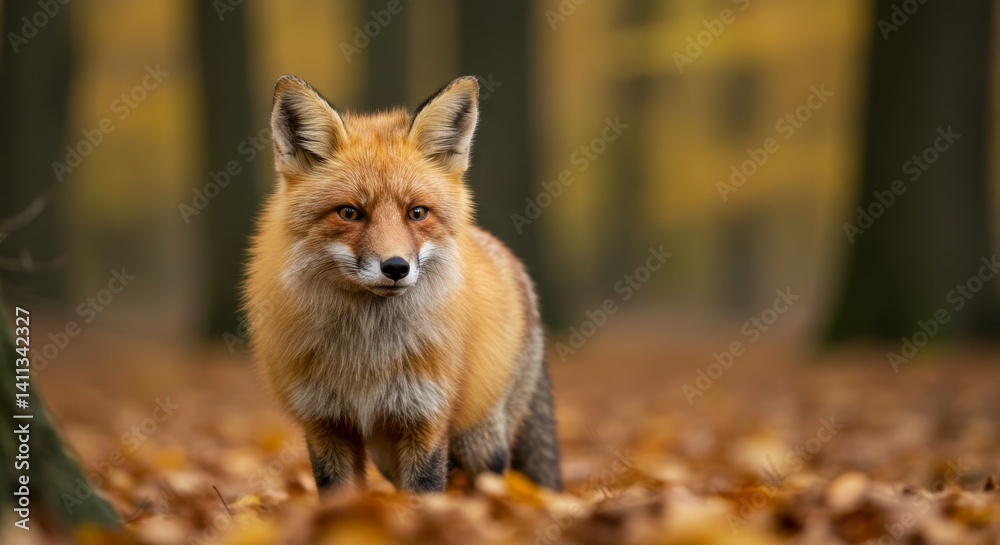 Obraz premium Red Fox in Autumn Woods - A beautiful red fox stands in a forest of autumn leaves, looking directly at the camera