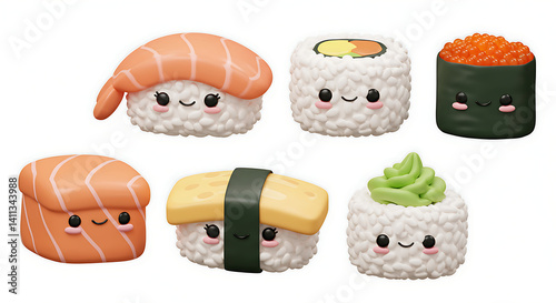 3D Vector, Japanese Sushi Food Illustration With Kawai Or Cute Face 