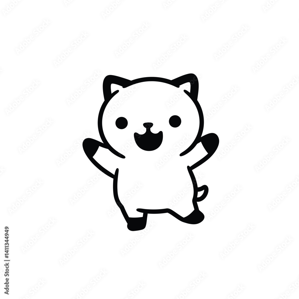 Happy Cartoon Cat Character Design Black And White Minimalist Vector Illustration Happy Cartoon Cat Character Design Black And White Minimalist Vector Illustration