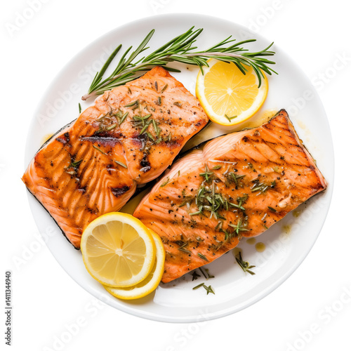 Two pieces of grilled salmon garnished with rosemary and lemon slices on a white round plate png