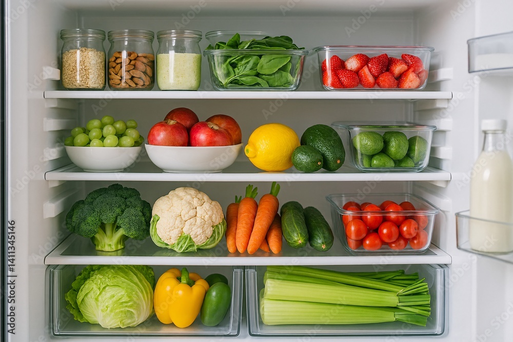 Organized refrigerator full of fresh fruits, vegetables, and healthy ingredients in clear containers