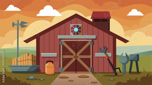The farms barn doors are now permanently shut with tered tools and equipment left behind a forgotten memory of a once bustling operation.. Vector illustration