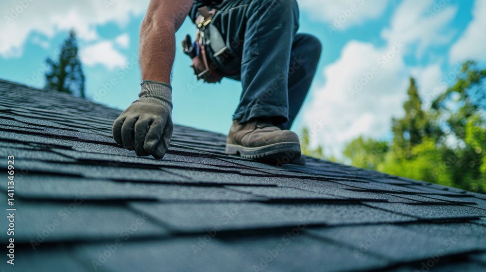 Roofing worker adjusting shingles on a roof. Featuring expertise and focus Roofing worker adjusting shingles on a roof. Featuring expertise and focus