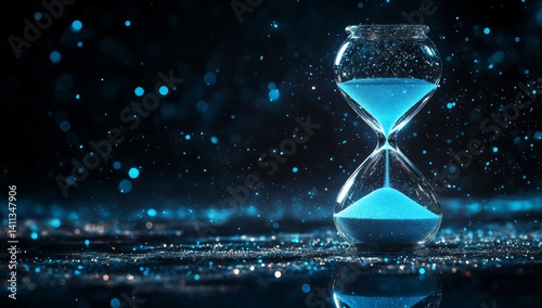 Hourglass with glowing blue sand.  Time passing, fleeting moments,  and anticipation