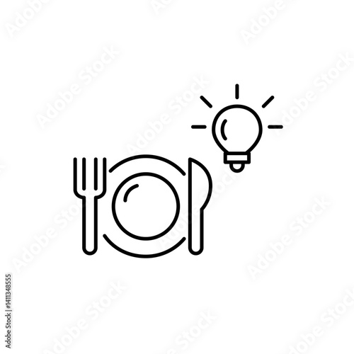 Fork, knife, plate and light bulb. Food for thought, cooking ideas. Recipes for every day. Pixel perfect vector icon
