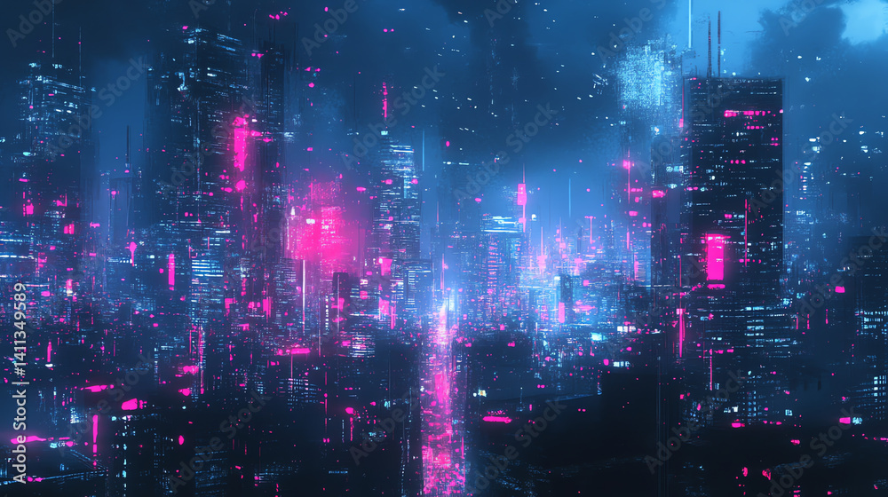 Fototapeta premium A cyberpunk hacker sits in a neon-lit room, surrounded by holographic screens and floating code. Wearing a VR headset and a leather jacket with glowing circuits, this ultra-detailed scene captures fut