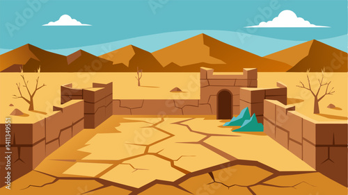 The cracked and crumbling walls of the driedup watering hole stood as a reminder of a time when water was plentiful and life was abundant.. Vector illustration