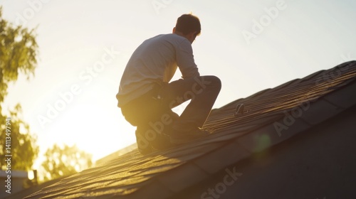 Roofing worker inspecting a roof for damage. Featuring expertise and focus