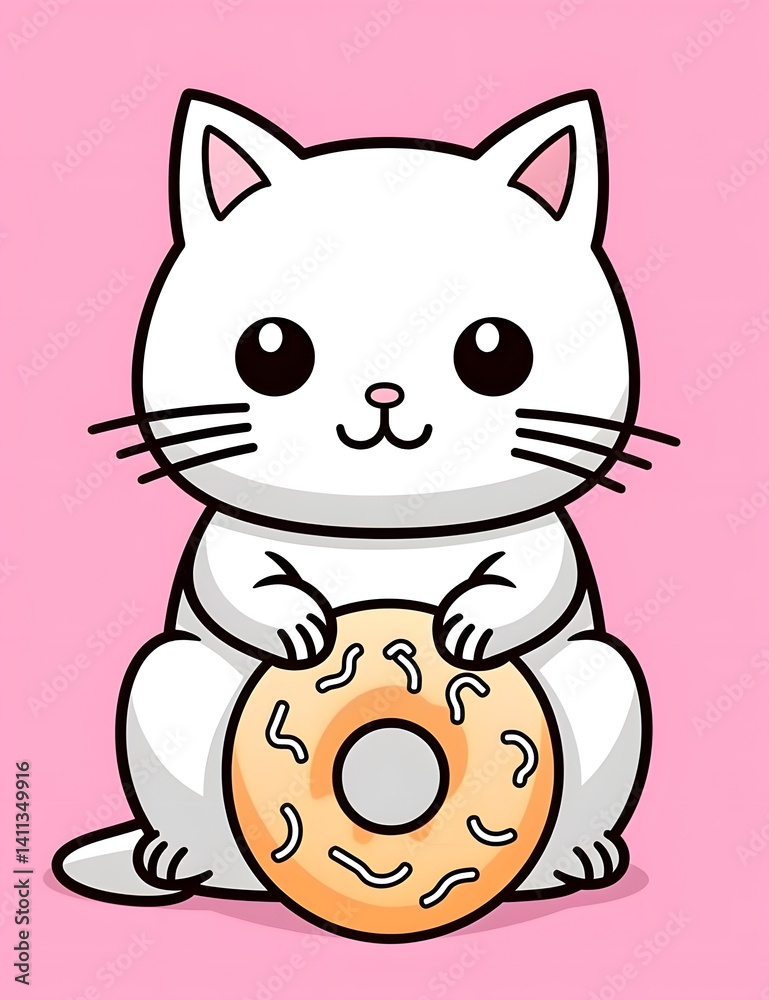 Fototapeta premium Cute kitten eating a doughnut illustration