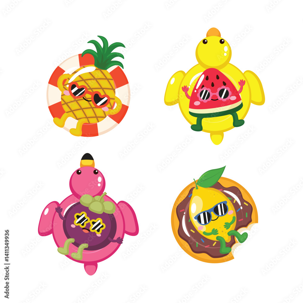 Naklejka premium Cute tropical fruit characters on inflatable ring clip art
