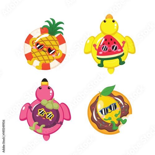 Cute tropical fruit characters on inflatable ring clip art