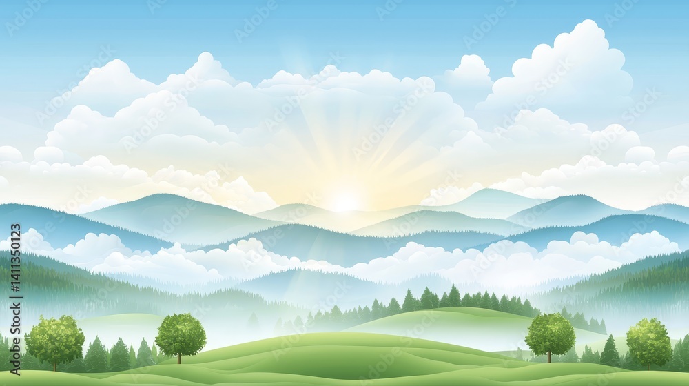 Fototapeta premium Breathtaking mountain landscape, majestic peaks and lush trees in harmony with nature