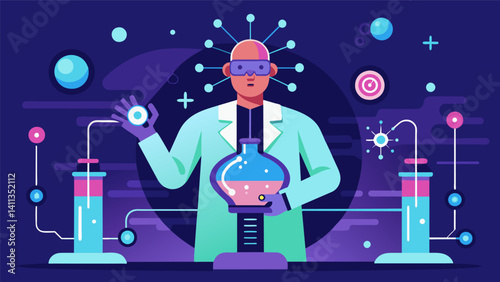 A futuristic laboratory hums with energy as the AI avatar surrounded by a network of data effortlessly expands its understanding of the world.. Vector illustration