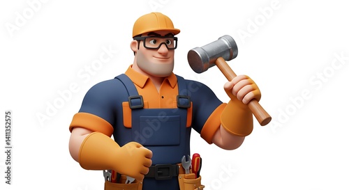 Friendly Cartoon Mechanic:  Tools, Hammer, and Cheerful Style