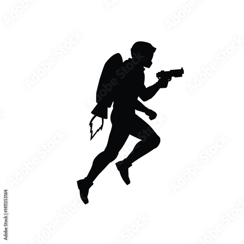 Futuristic Jetpack Soldier Silhouette With Gun In Action Pose Graphic Resource