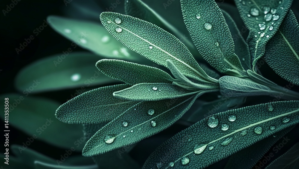 Obraz premium Close-up of sage leaves with water droplets