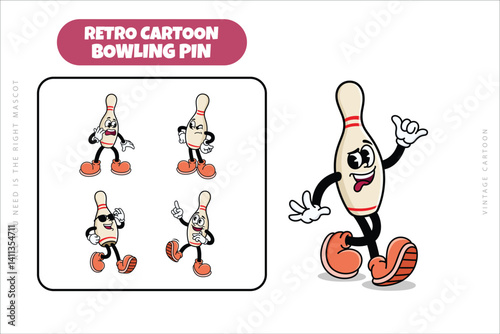 Set of Traditional Bowling Pin Cartoon Illustration with Varied Poses and Expressions