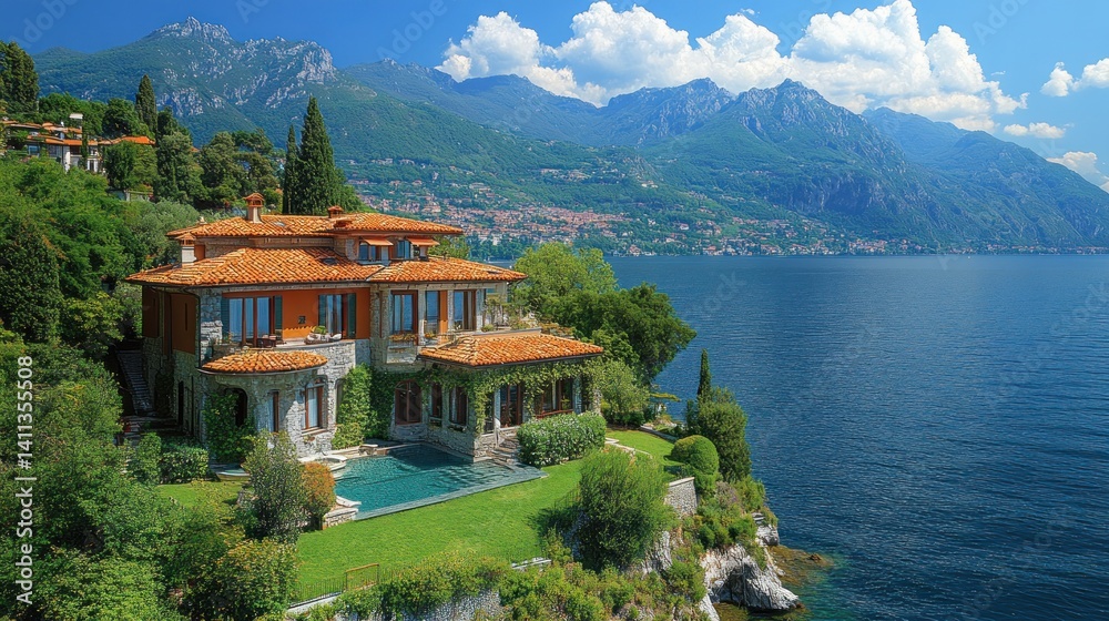 Fototapeta premium Lakefront Villa with Stunning Mountain Views