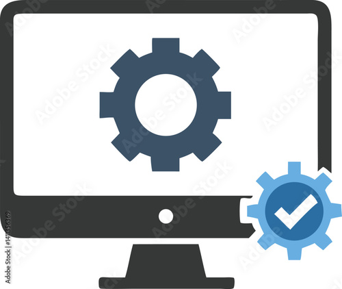Computer Monitor with Gears and Check Mark on Transparent Background Icon
