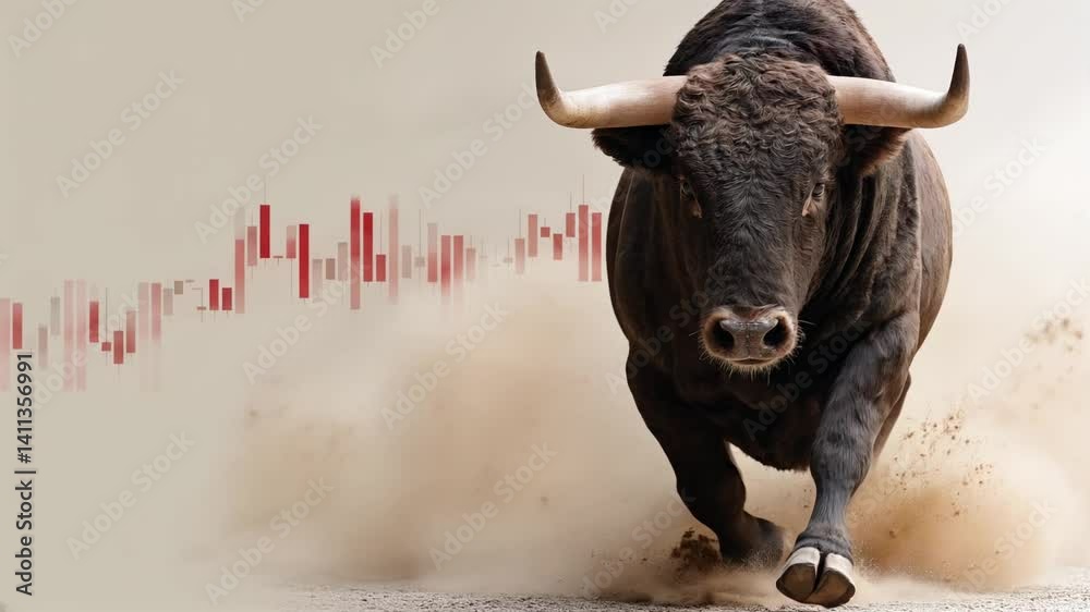 Charging Bull: A powerful bull charges forward with determination, its ...