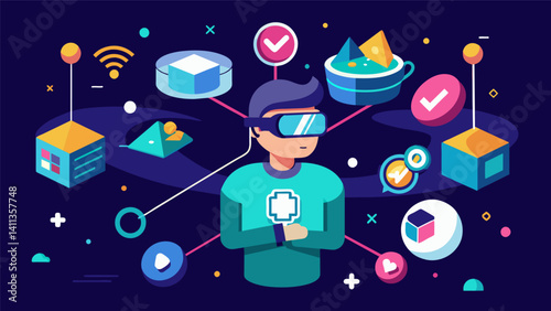 A VR game where the objective is to navigate through data obstacles and puzzles rewarding players with new insights and knowledge along the way.. Vector illustration