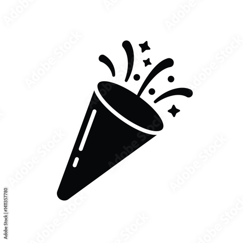 Black Silhouette Icon Of Celebration Party Popper With Confetti And Starbursts