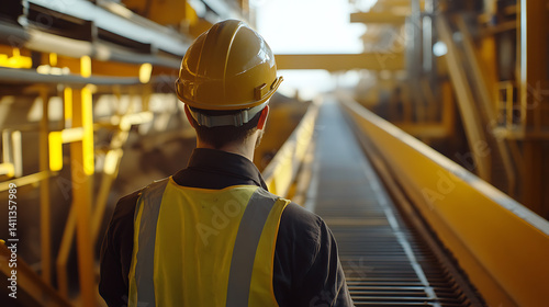 Mining worker inspecting a conveyor belt system for any operational issues. Featuring maintenance and oversight