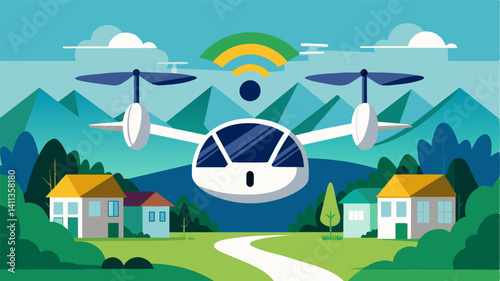 With advanced noisecancellation technology and minimal carbon emissions the eVTOLs blend seamlessly into the tranquil soundscape of the ecovillage preserving its natural harmony.. Vector illustration