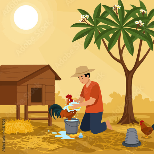 Man Bathing Rooster Outdoors on Farm During Daytime