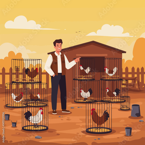 Man Pointing to Chickens in Cages at Farm Animal Market