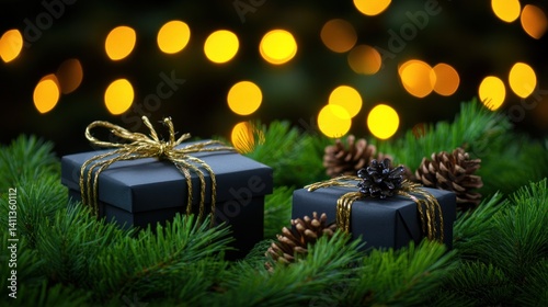 sophisticated christmas presentation featuring dark gift boxes adorned with golden ribbon among pine branches against a backdrop of warm bokeh lights creating a celebratory and elegant ambiance
