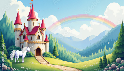 Majestic castle with unicorn and rainbow magical fairytale landscape