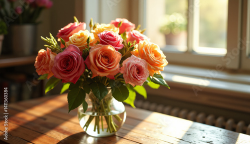 Vibrant bouquet of roses on wooden table by sunny window beauty