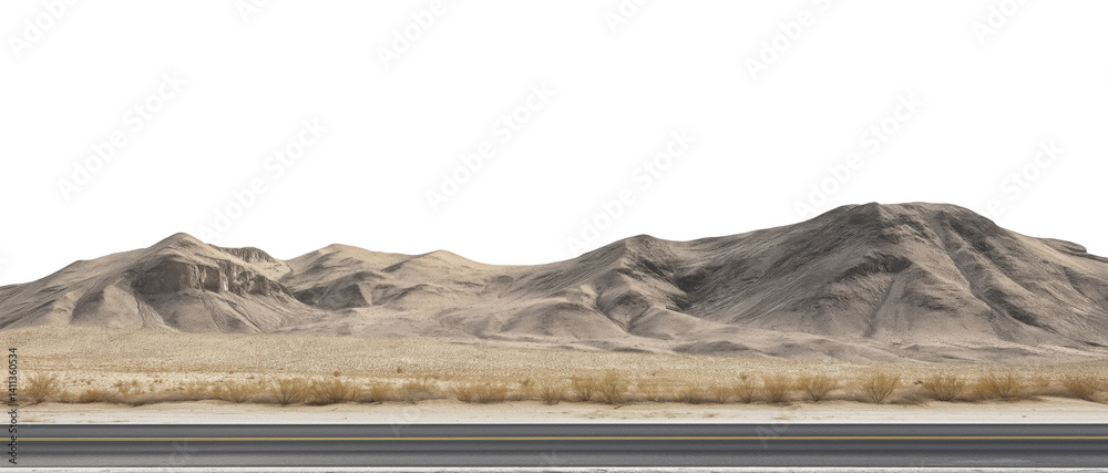 Fototapeta premium Long, empty asphalt road stretching across the desert, isolated on a transparent background
