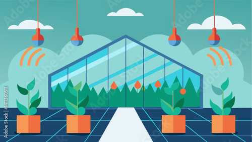 Infrared sensors detect and respond to temperature variations helping to evenly distribute heat and cool air inside the greenhouse.. Vector illustration