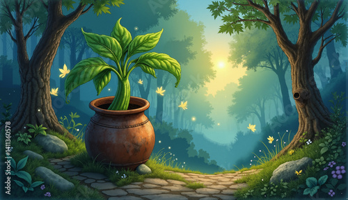 Vibrant plant growing in pot on forest path symbol of nature's beauty