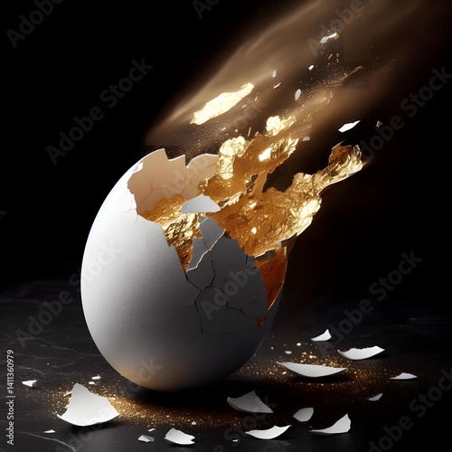 Exploding White Easter Egg Revealing Golden Glitter and Fragments on a Dark Surface