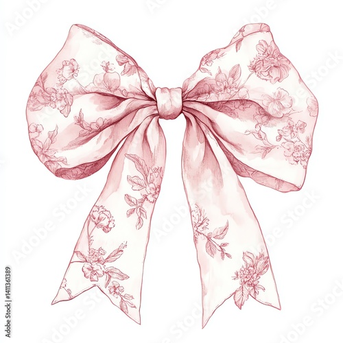 Elegant Pink Bow with Delicate Floral Pattern, Tied Perfectly, on White Background. A Romantic Design