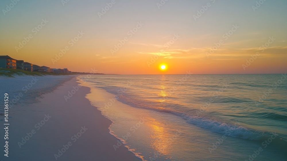 Obraz premium Beach Sunset Landscape With Orange Sky and Calm Ocean