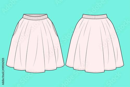 Women's skirt flat sketch outline CAD mockup template.