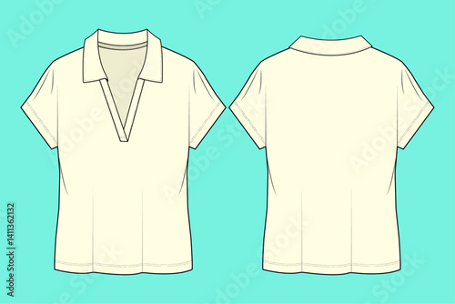 Ladies V neck Short sleeve Polo shirt Fashion flat sketch outline CAD mockup template.