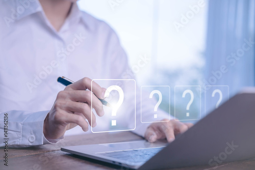 Question mark icon, query answer, challenge quiz, concept of business faq, solving problem, creative brainstorm. problem think the solution. Question mark on laptop