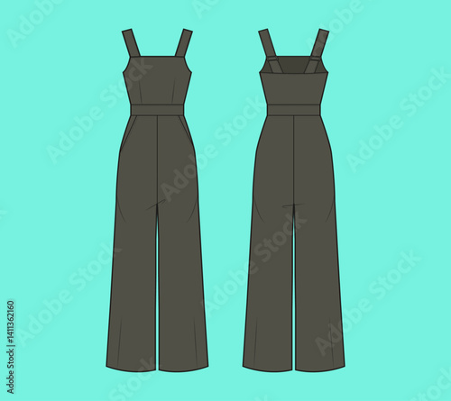 Ladies dungaree fashion flat sketch outline CAD mockup template.