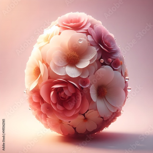 Elegant Easter Egg Adorned with Pink and White Camellia and Rose Flowers on a Soft Pink Background