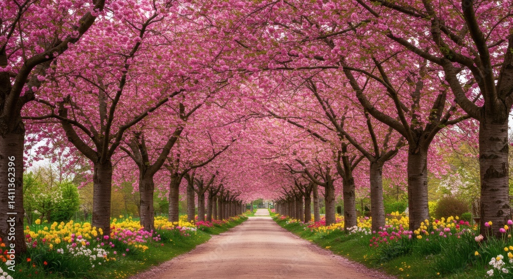 Walking Path Lined with Cherry Blossom Trees and Spring Flowers Walking Path Lined with Cherry Blossom Trees and Spring Flowers