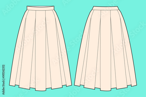 Ladies Skirt flat sketch outline CAD mockup template.