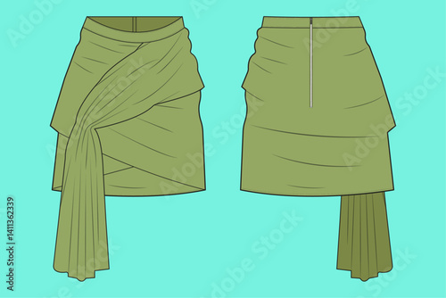 Ladies Olive colour skirt flat sketch outline CAD mockup template.