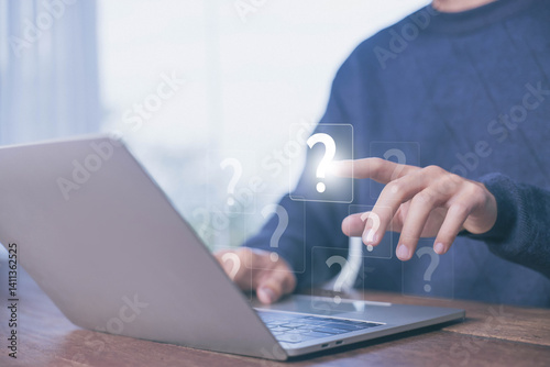 Question mark icon, query answer, challenge quiz, concept of business faq, solving problem, creative brainstorm. problem think the solution. Question mark on laptop
